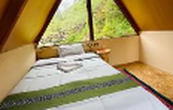 Inside an A-frame cabin